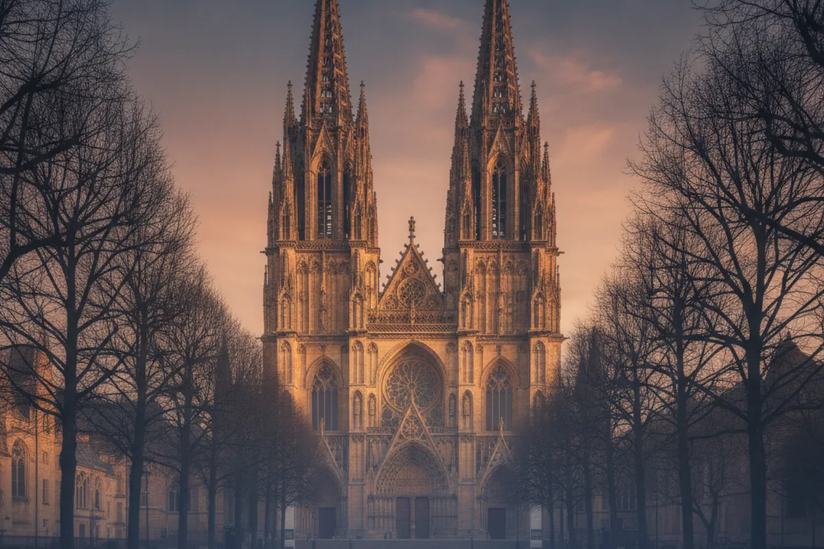 Gotische Domtürme mit Sandsteinfassade bei Abendlicht — sinnbildlich für Magdeburgs historisches Zentrum