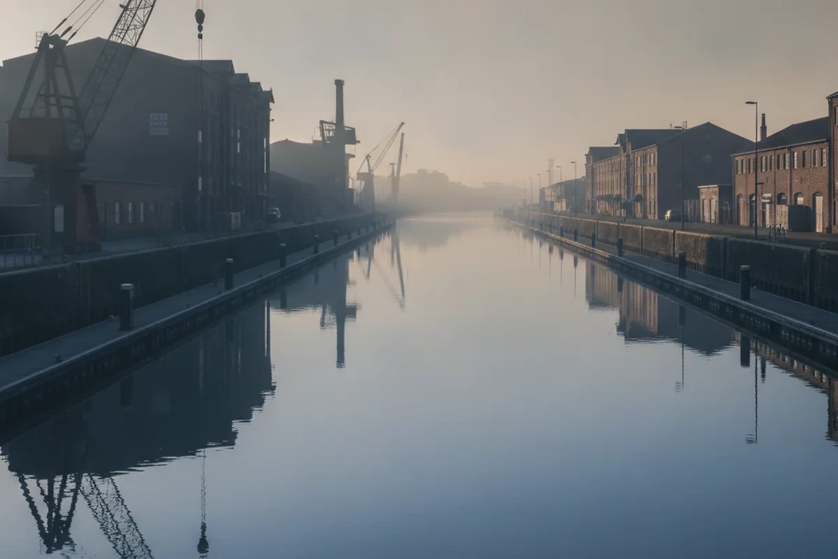 Industriekai an einem Binnenkanal bei Abendlicht — sinnbildlich für den Logistikstandort Magdeburg am Mittellandkanal